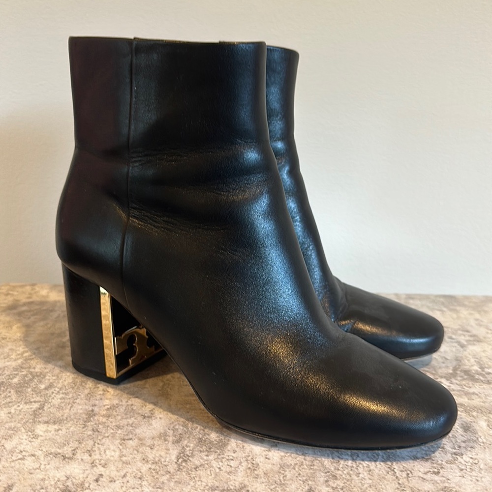Tory Burch Black Leather Block Heel Ankle Boots with Gold Accent
